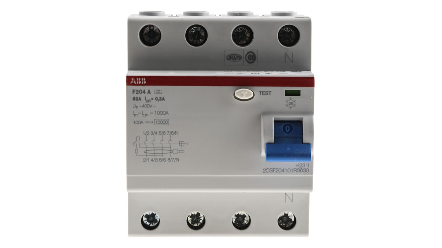 Interruttore differenziale RCCB ABB F200, 4 poli, 63A, sensibilità 300mA, montaggio su guida DIN, dimensioni 70x85x69 mm.