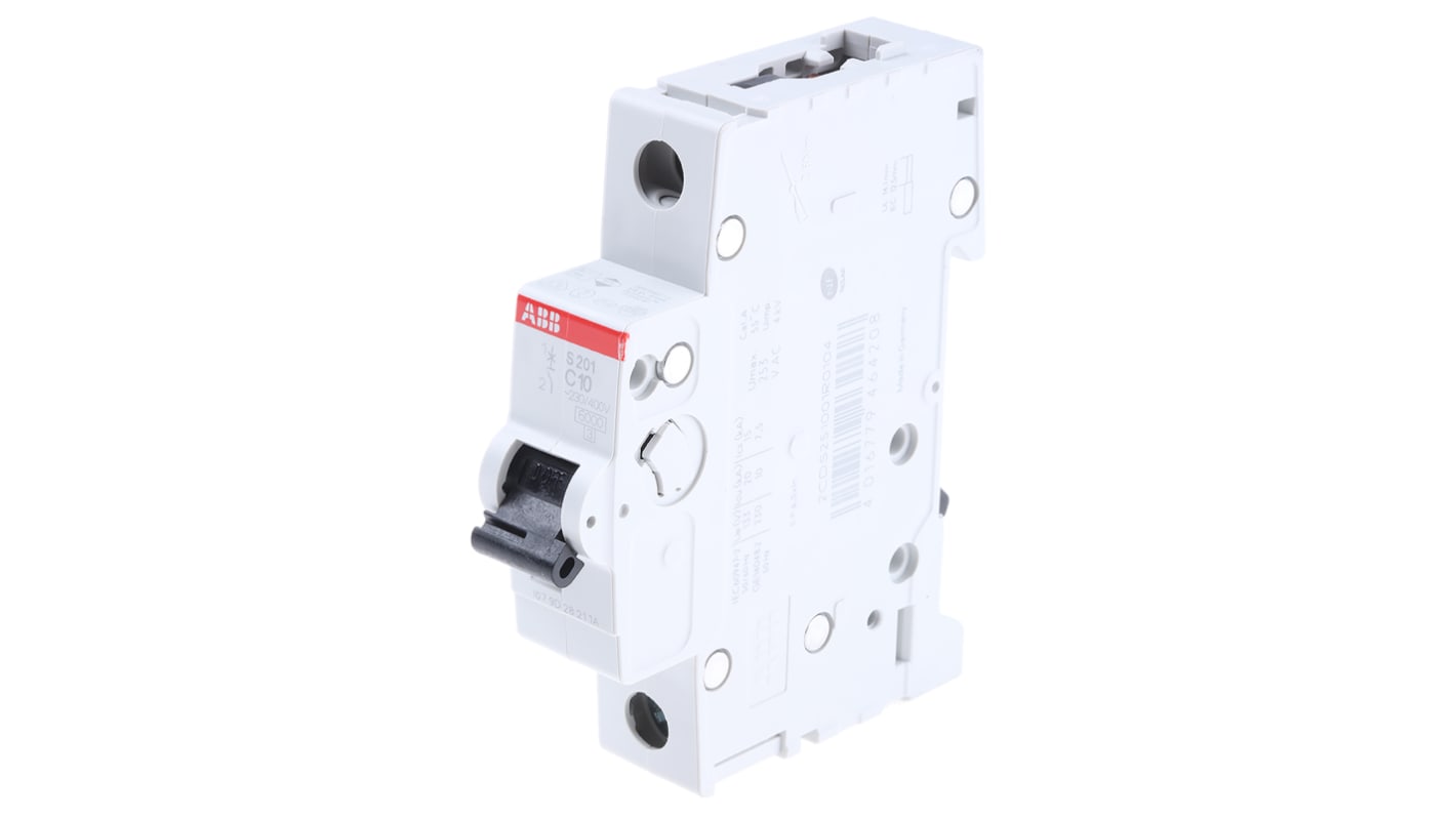 Interruttore magnetotermico ABB S201C10, unipolare 10A, montaggio su guida DIN, grado di protezione IP20.