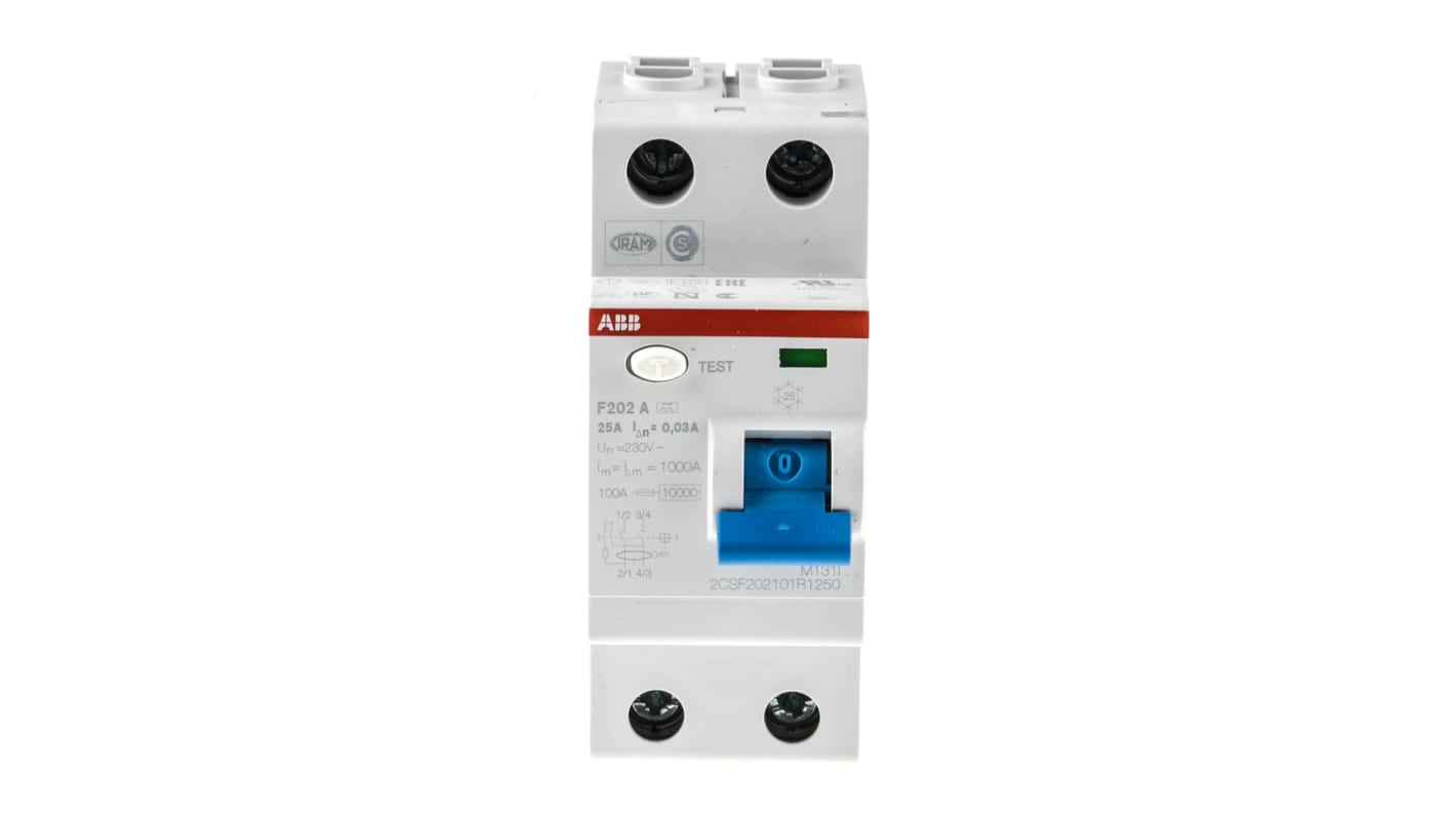 Interruttore differenziale ABB F200, 2 poli, 25A, 30mA, montaggio su guida DIN, dimensioni 35 x 69 x 85mm, IP20.