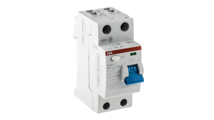 Interruttore differenziale ABB F200, 2 poli, 25A, 30mA, montaggio su guida DIN, dimensioni 35 x 69 x 85mm, IP20.