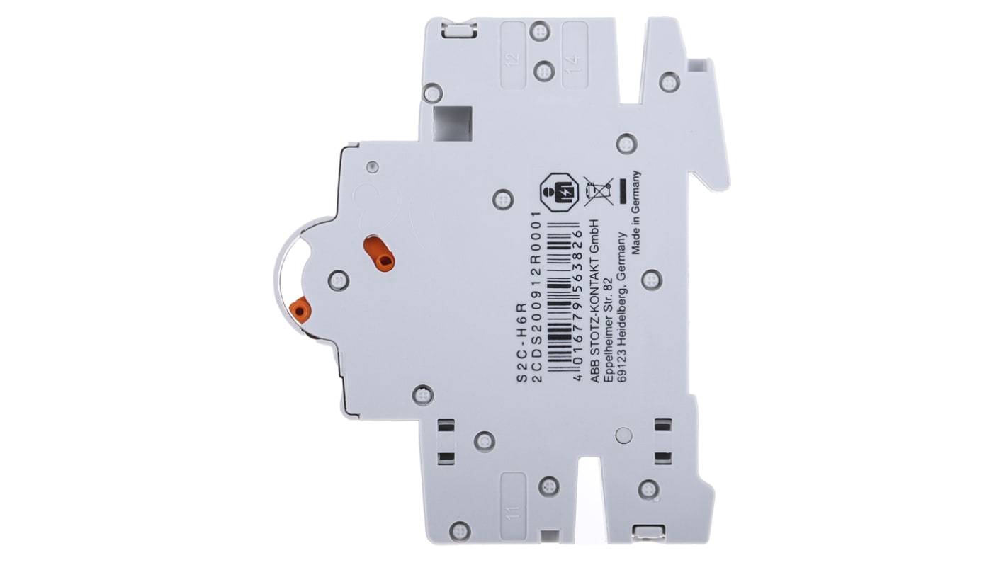 Contatto ausiliario ABB S2C-H6R, 2 contatti (1 N/C + 1 N/A), montaggio laterale, dimensioni 85 x 8,8 x 69 mm.