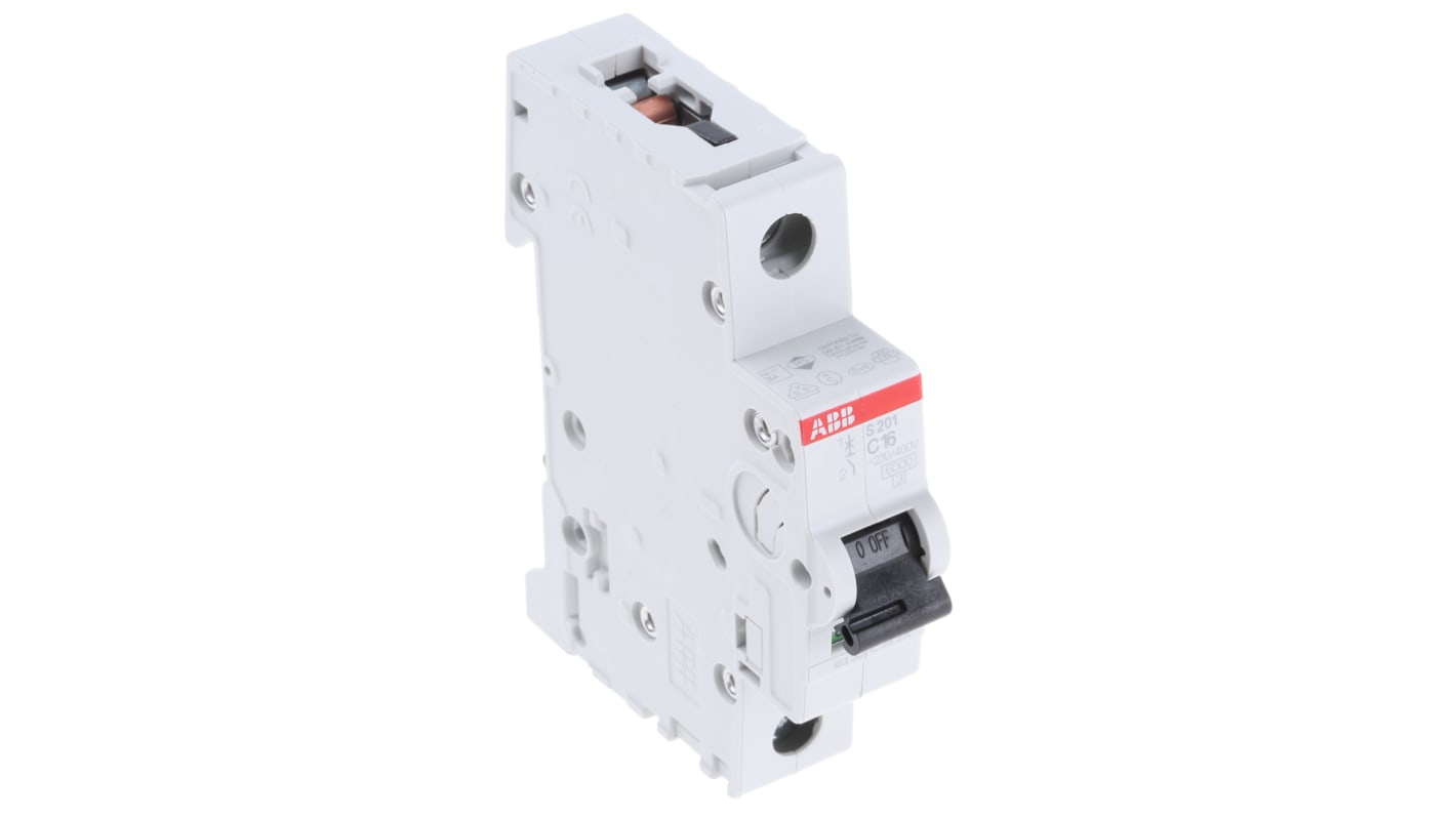 Interruttore magnetotermico ABB S201C16, unipolare, 16A, montaggio su guida DIN, larghezza 17.5mm, protezione IP20.
