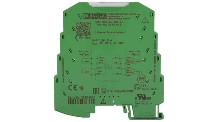 Phoenix Contact, isolatore passivo MINI MCR 2864655, 2 canali, montaggio su guida DIN, 6,2 mm, alimentazione 18V.