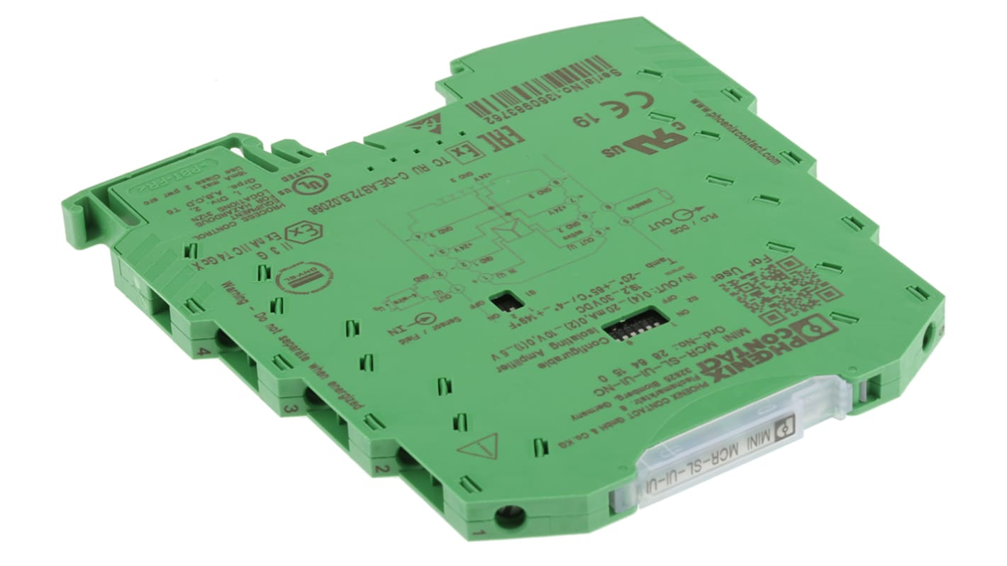 Condizionatore di segnale Phoenix Contact MINI MCR-SL-UI-UI-NC (2864150) con isolamento a 3 vie. Ideale per segnali di tensione e corrente, taratura zero, collegamento a vite. Peso 77,5 g.