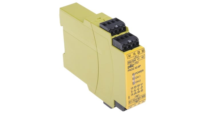 Relè di sicurezza Pilz PNOZ X2.8P, 24-240V, 3 contatti, reset automatico/manuale, dimensioni 22,5x94x121 mm.