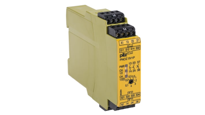 Relè di sicurezza Pilz PNOZ XV1P, 24V cc, 2 contatti, categoria 4, dimensioni 121x22.5x94mm, indicazione LED.