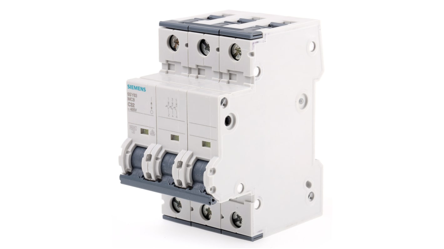Interruttore magnetotermico Siemens 3P 32A 6 kA, Tipo C per protezione da sovraccarichi e cortocircuiti. Montaggio su guida DIN, grado di protezione IP20.