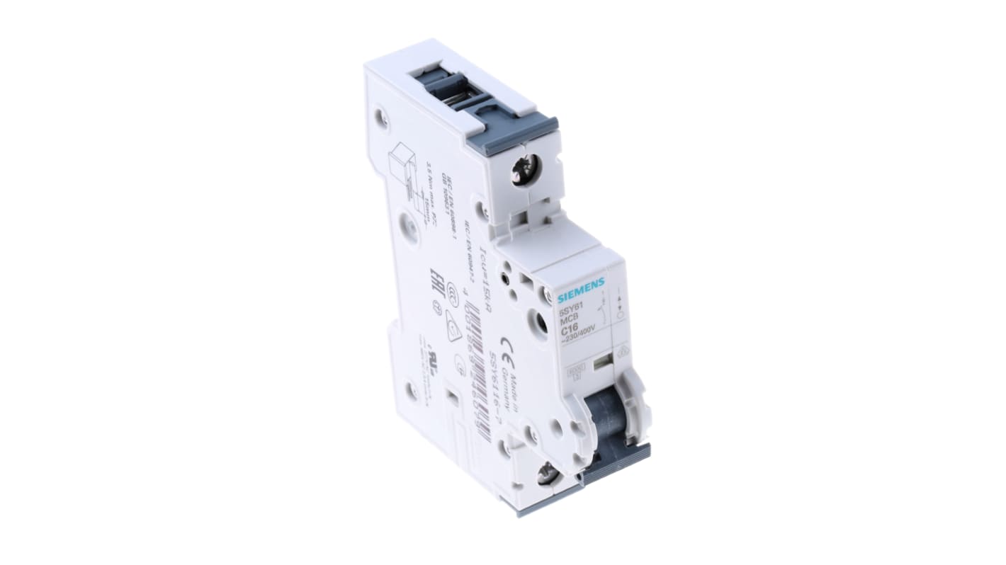Interruttore automatico magnetotermico Siemens 5SY6116-7, 1P 16A 6 kA, Tipo C - Protezione generale della linea, resistente a condizioni difficili, montaggio su guida DIN.