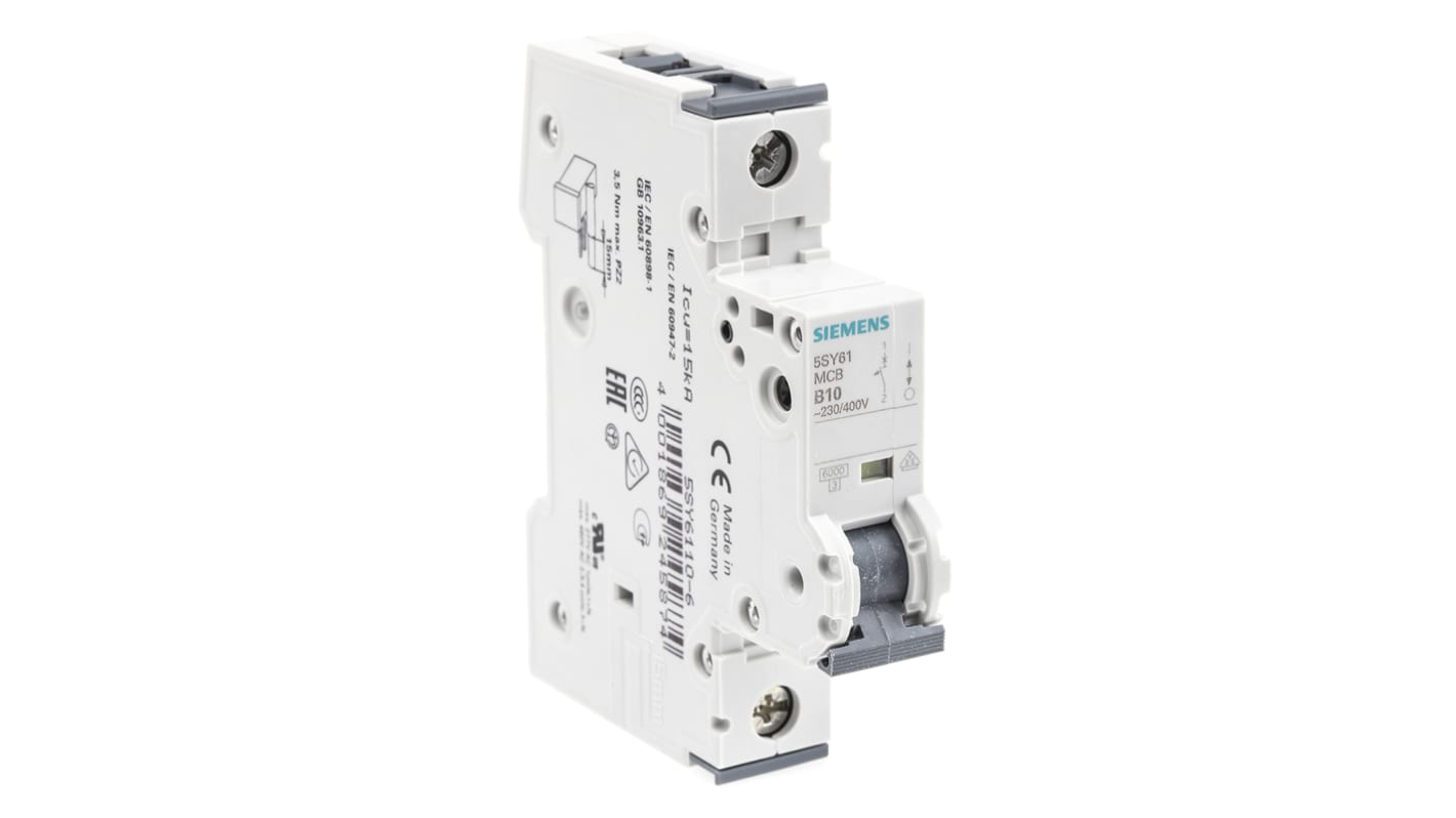 Interruttore automatico Siemens 5SY6110-6, 1P 10A 6 kA, Tipo B per protezione circuiti. Montaggio su guida DIN, collegamento rapido. Conforme a EN 60898 e VDE 0641.