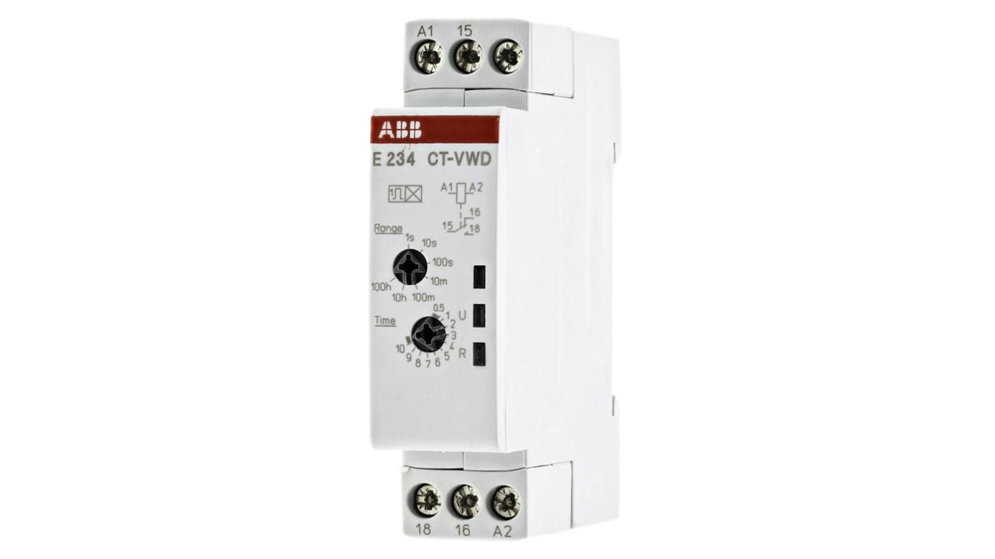 ABB Timer Relay SPDT per guida DIN, intervallo 0.05 s-100 h, 24-240 V AC, 6 A, larghezza 22.5 mm. Codice 1SVR500130R0000.