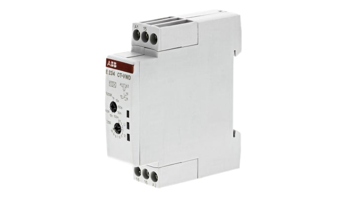 ABB Timer Relay SPDT per guida DIN, intervallo 0.05 s-100 h, 24-240 V AC, 6 A, larghezza 22.5 mm. Codice 1SVR500130R0000.