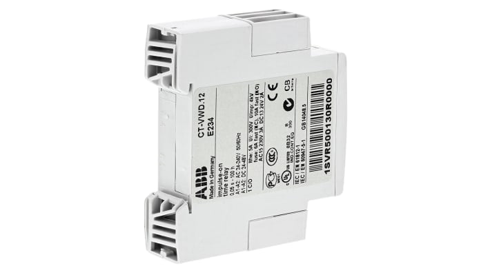 ABB Timer Relay SPDT per guida DIN, intervallo 0.05 s-100 h, 24-240 V AC, 6 A, larghezza 22.5 mm. Codice 1SVR500130R0000.