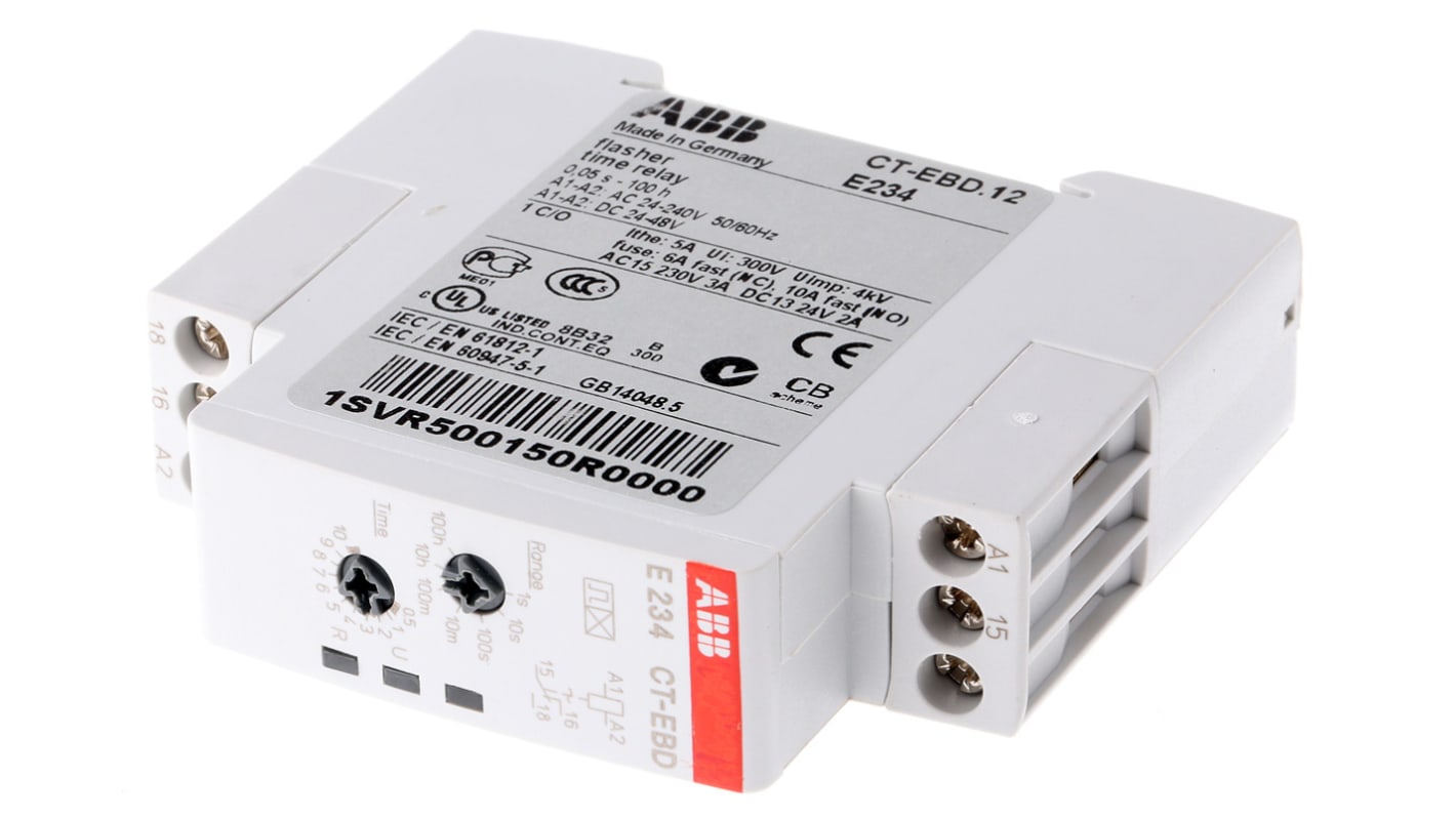 Relè temporizzato ABB CT-EBD.12 SPDT per guida DIN, intervallo 0.05 s-100 h, 24-240 V AC, 8 A, dimensioni 17.5 x 58 x 70 mm.