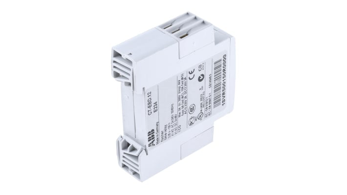 Relè temporizzato ABB CT-EBD.12 SPDT per guida DIN, intervallo 0.05 s-100 h, 24-240 V AC, 8 A, dimensioni 17.5 x 58 x 70 mm.