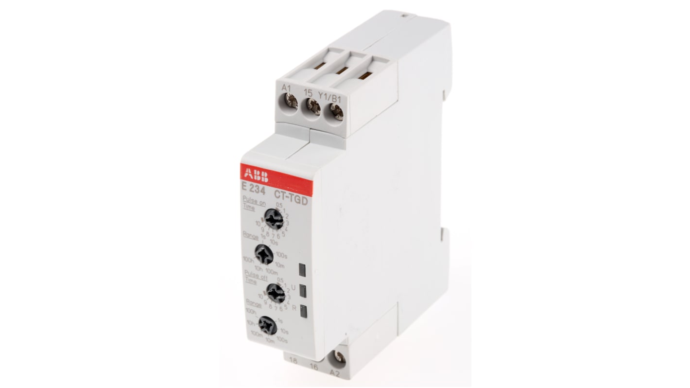 Relè temporizzato ABB CT-TGD.12 SPDT, montaggio su guida DIN, intervallo 0,05 s a 100 h, alimentazione 24-240 V AC.