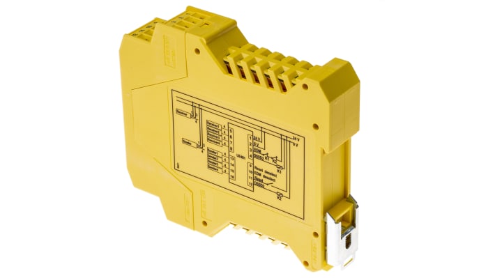 Relè di sicurezza Sick UE401, 28.8V cc, Tipo 4, IP67, supporta 4 coppie di sensori, dimensioni 66mm x 23mm x 113.5mm.