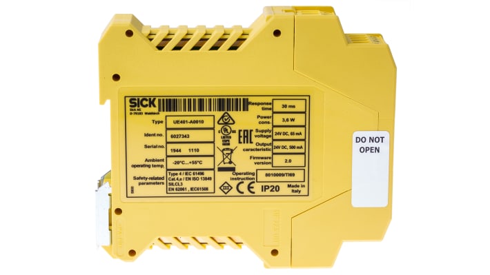 Relè di sicurezza Sick UE401, 28.8V cc, Tipo 4, IP67, supporta 4 coppie di sensori, dimensioni 66mm x 23mm x 113.5mm.