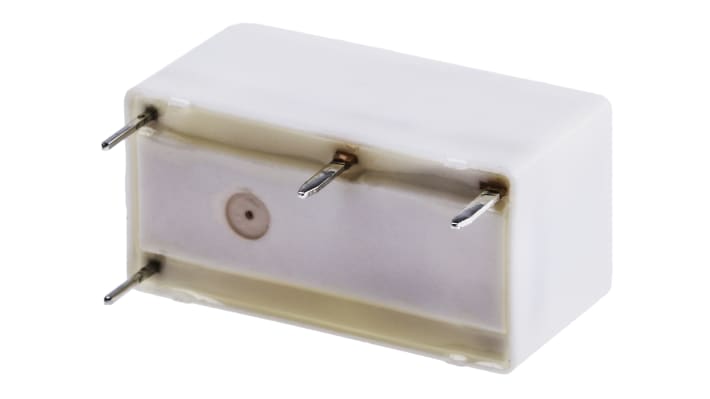 Relè di potenza Finder 32, SPST, 5V cc, montaggio su PCB, 250 V ca, 6 A, dimensioni 10,7 x 10,2 x 20,3 mm.