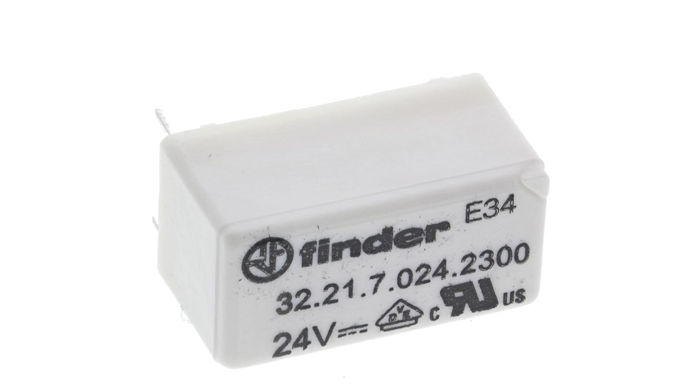 Relè di potenza Finder 32, SPST, 24V cc, montaggio su PCB, dimensioni 10,7 x 10,2 x 20,3 mm, corrente 6 A.