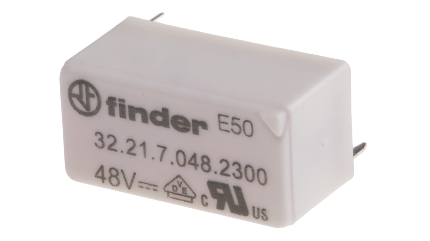Relè di potenza Finder 32, SPST, 48V cc, montaggio su PCB, dimensioni 10,7 x 10,2 x 20,3 mm, corrente 6 A, isolamento 5000 V.