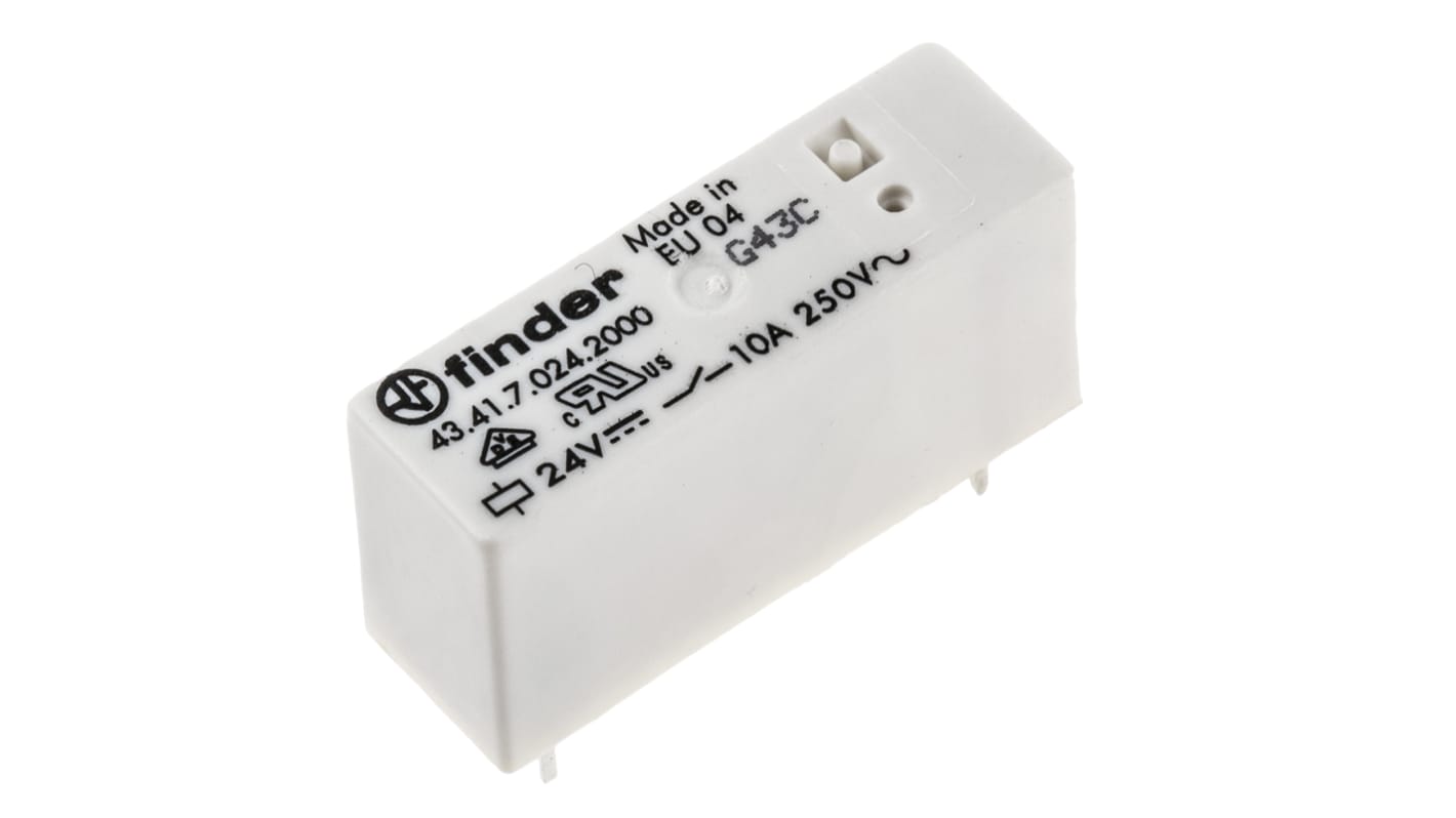 Relè di potenza Finder 43, SPDT, bobina 24V cc, montaggio su PCB, dimensioni 15,4 x 10,2 x 30,2 mm, corrente 10 A.
