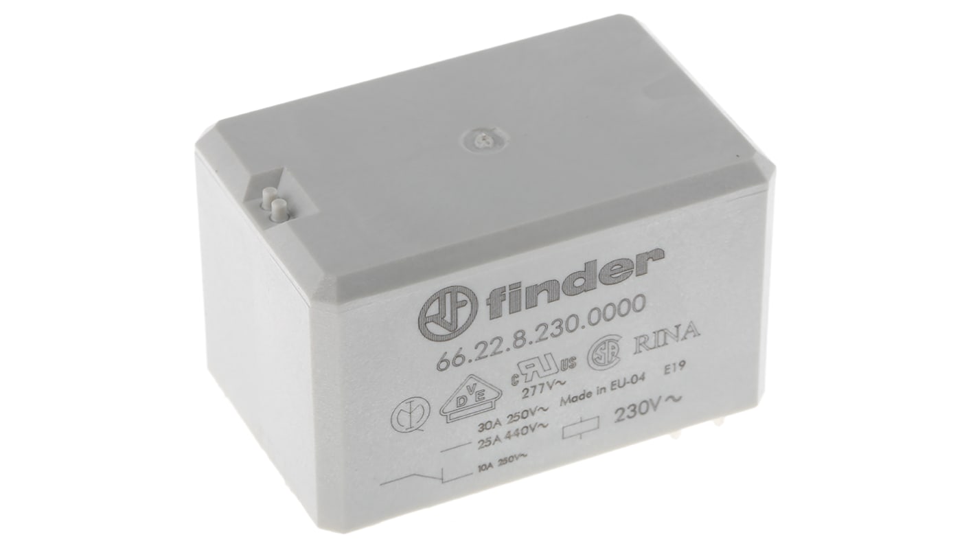 Finder 66.22.8.230.0000, relè DPDT per montaggio su PCB, 30A, 230V, dimensioni 51,5x33,5x31 mm, isolamento EN60335-1.