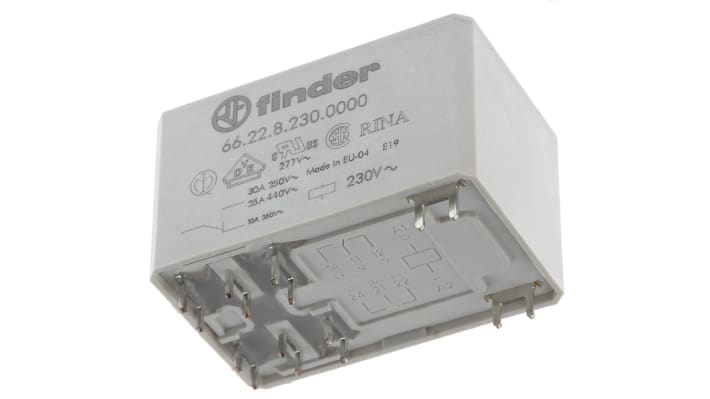 Finder 66.22.8.230.0000, relè DPDT per montaggio su PCB, 30A, 230V, dimensioni 51,5x33,5x31 mm, isolamento EN60335-1.