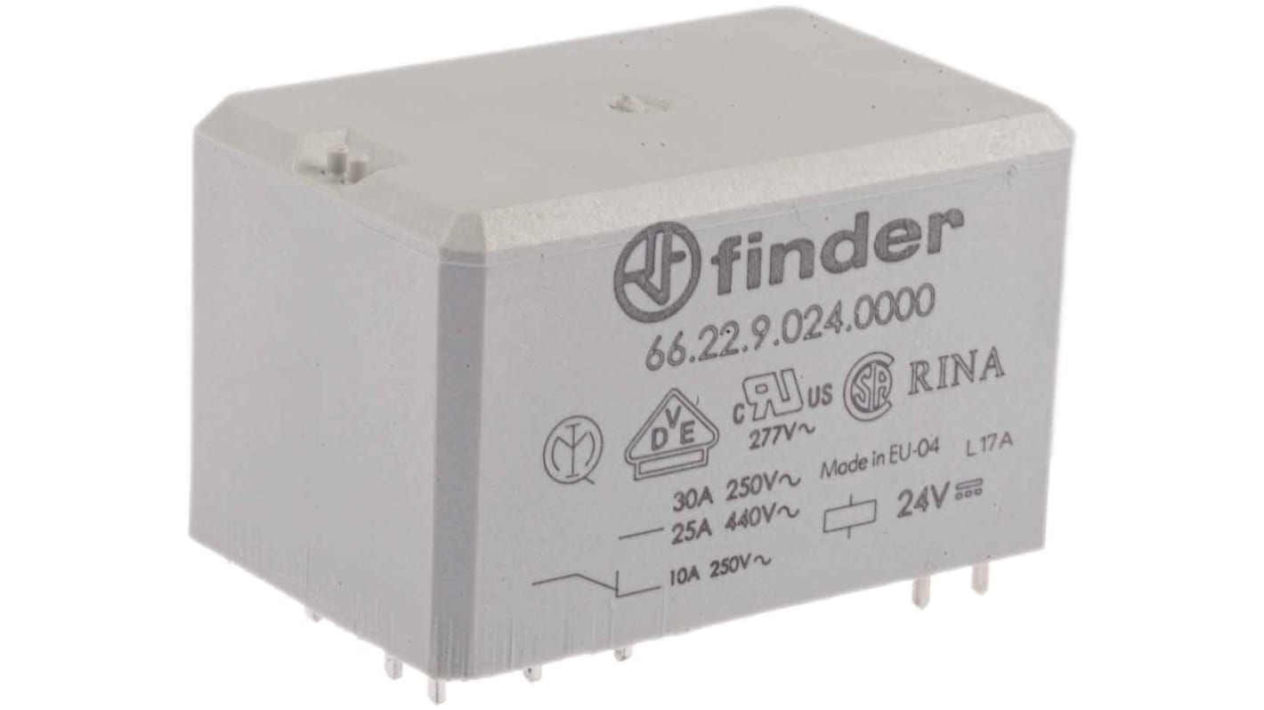 Finder 66.22.9.024.0000, relè DPDT 24V cc, montaggio su PCB, corrente 30A, dimensioni 51,5mm x 31mm x 33,5mm.