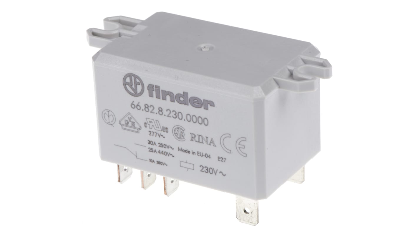 Finder 66.82.8.230.0000, relè DPDT 230V, montaggio su flangia, corrente 30A, dimensioni 68.5mm x 31mm x 33.5mm.