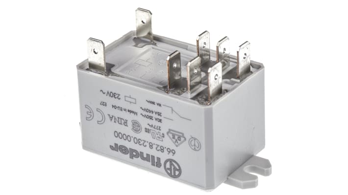 Finder 66.82.8.230.0000, relè DPDT 230V, montaggio su flangia, corrente 30A, dimensioni 68.5mm x 31mm x 33.5mm.