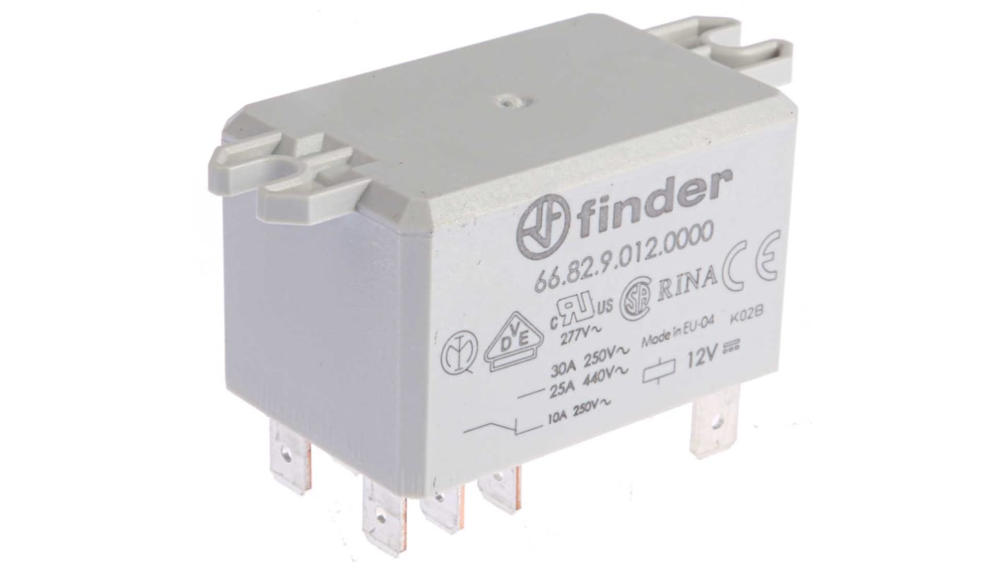 Finder 66.82.9.012.0000, relè DPDT per montaggio su flangia, bobina 12V cc, corrente 30A, dimensioni 68,5mm x 31mm x 33,5mm.