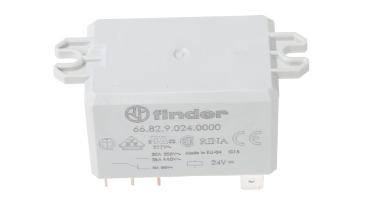 Relè di potenza Finder 66.82.9.024.0000 DPDT, bobina 24V cc, montaggio su flangia, dimensioni 68,5mm x 31mm x 33,5mm.