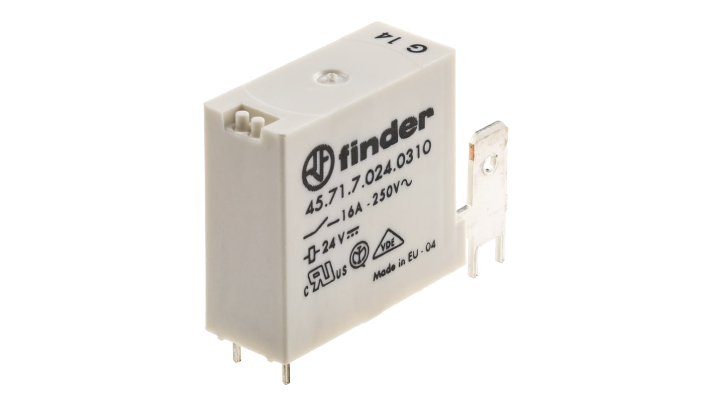 Relè di potenza Finder 45.71.7.024.0310, SPST, 24V cc, montaggio su PCB, 16 A, dimensioni 40.7 x 28.5 x 12.5 mm.