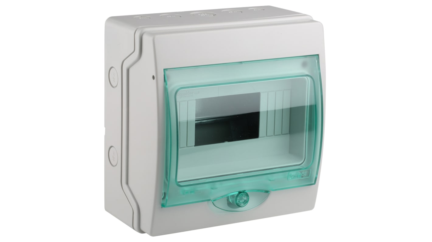 Scheda di distribuzione Schneider Electric Kaedra, 8 vie, 63 A, design compatto, cofanetto grigio RAL 7035, sportello verde trasparente.