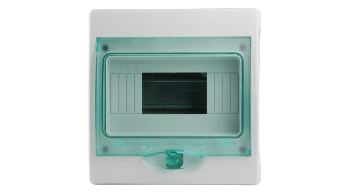 Scheda di distribuzione Schneider Electric Kaedra, 8 vie, 63 A, design compatto, cofanetto grigio RAL 7035, sportello verde trasparente.