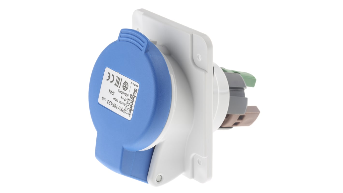 Connettore di alimentazione industriale femmina inclinata 16A Schneider Electric PKY16F423. Zoccoli ad innesto per cavi, connessione rapida e affidabile. Per applicazioni industriali.