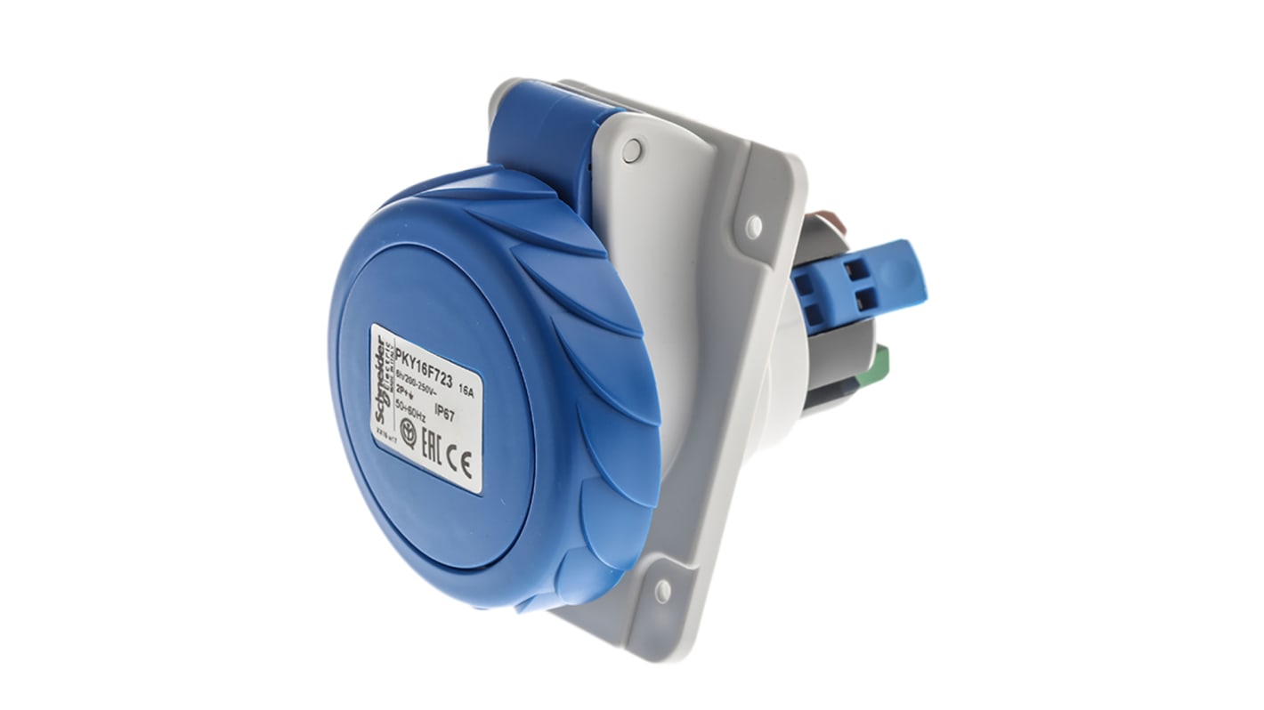 Schneider Electric PKY16F723 Connettore Femmina 2P + E 16A per Pannello. Zoccoli inclinati a tenuta, adatti a diverse applicazioni industriali.
