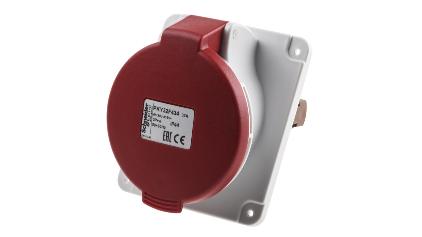 Connettore di alimentazione industriale Schneider Electric PKY32F434. Presa femmina 3P + E 32A per montaggio a pannello. Zoccoli inclinati, innesto rapido, ideale per applicazioni industriali.