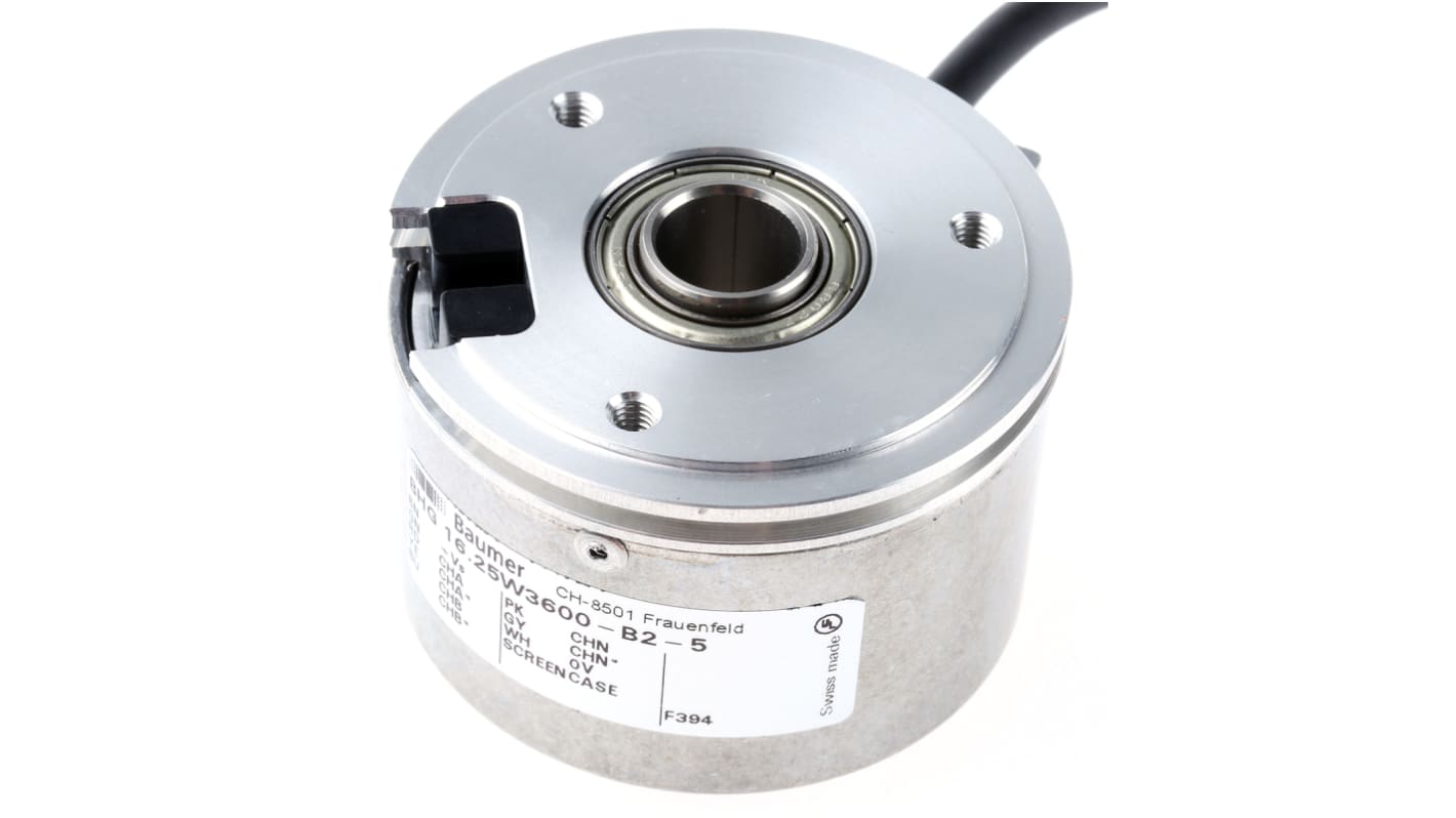 Encoder incrementale Baumer BHG 16.25W3600-B2-5, 3600 impulsi/giro, montaggio su albero 12mm, grado di protezione IP42.