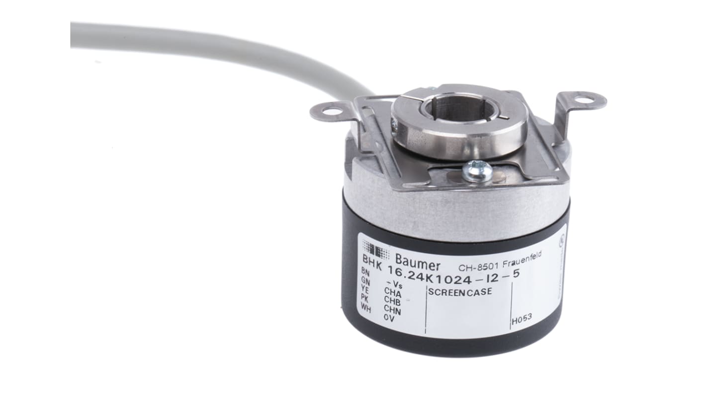 Encoder incrementale Baumer BHK 16.24K1024-I2-5, tecnologia ottica, 1024 impulsi/giro, albero 12 mm, IP42, montaggio facilitato.