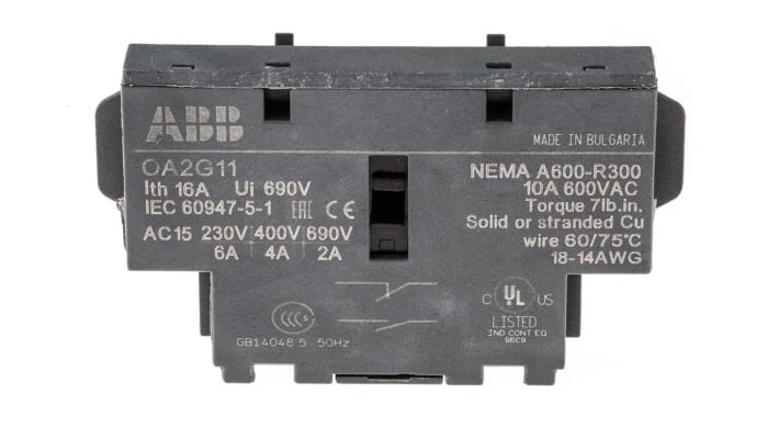 ABB OA2G11, modulo contatti ausiliario SPDT, corrente 16 A, montaggio su guida DIN, dimensioni 8,75 x 54 x 36 mm.