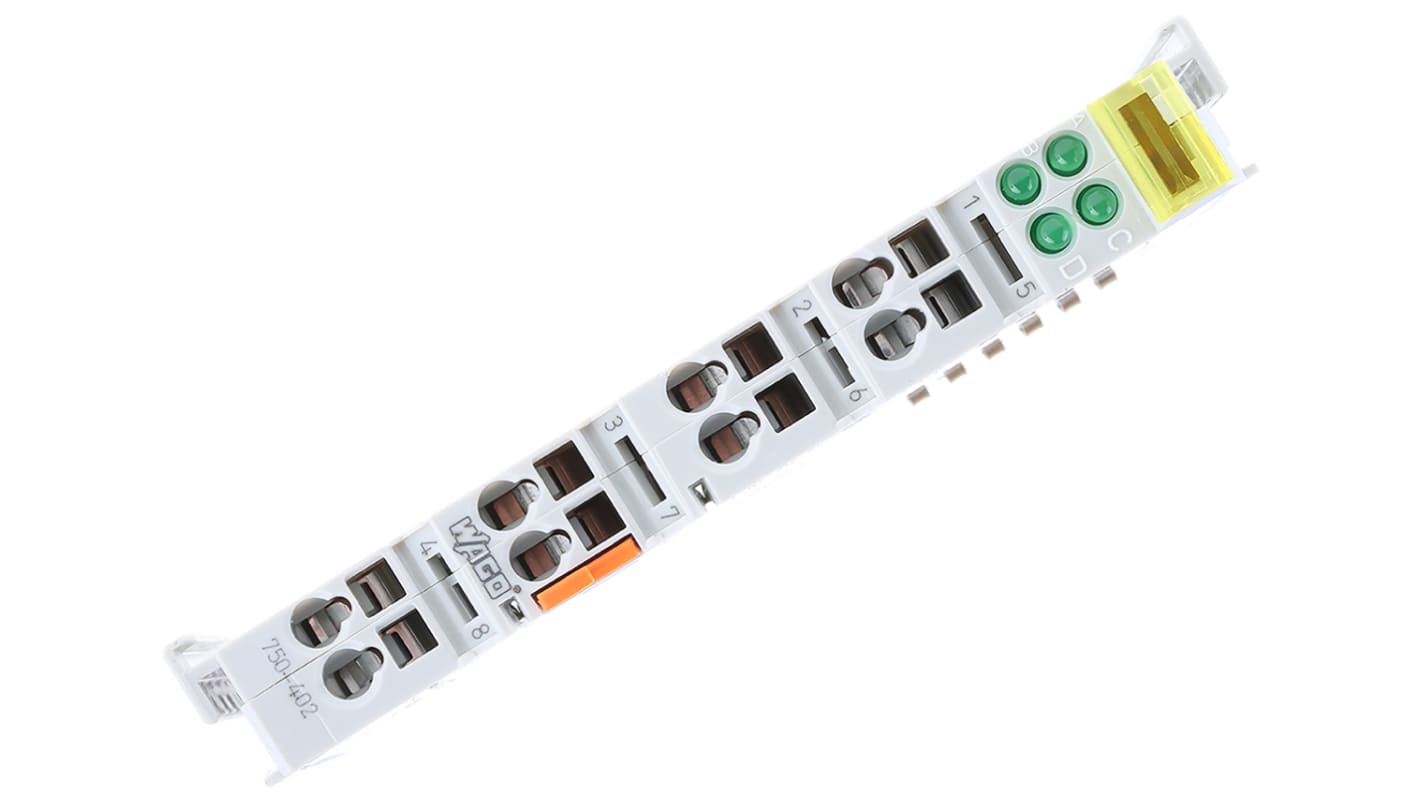 Modulo I/O digitale Wago 750402, compatibile con serie SYSMAC, 4 ingressi, montaggio su guida DIN, dimensioni 100 x 12 x 64 mm.