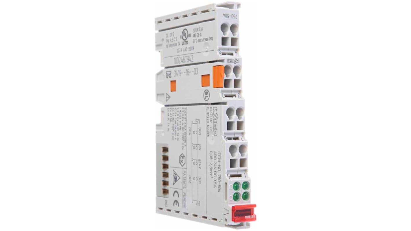 Modulo I/O Wago 750504 per guida DIN, 4 uscite digitali relè, 24VDC, dimensioni 100 x 12 x 64 mm, grado di protezione IP20.