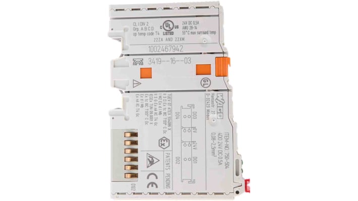 Modulo I/O Wago 750504 per guida DIN, 4 uscite digitali relè, 24VDC, dimensioni 100 x 12 x 64 mm, grado di protezione IP20.