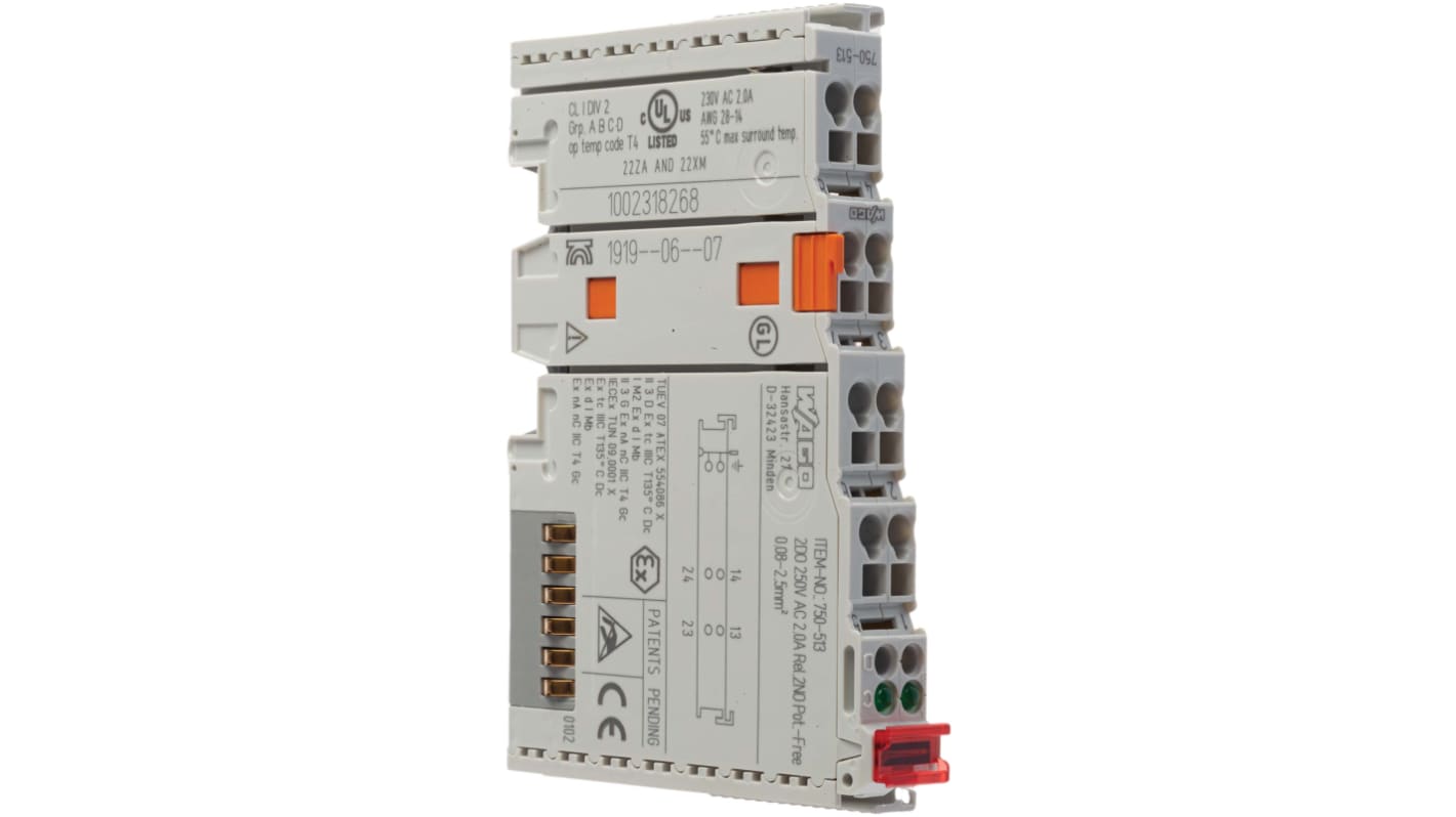Modulo I/O Wago 750513 per automazione, 2 uscite relè 230VDC, dimensioni 100 x 12 x 64 mm, grado di protezione IP20.