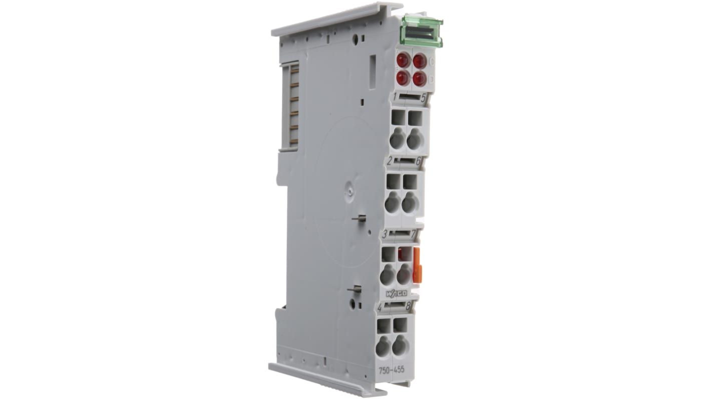 Modulo I/O Wago 750455 per PLC SYSMAC CJ, 4 ingressi analogici, montaggio su guida DIN, dimensioni 100 x 12 x 64 mm.