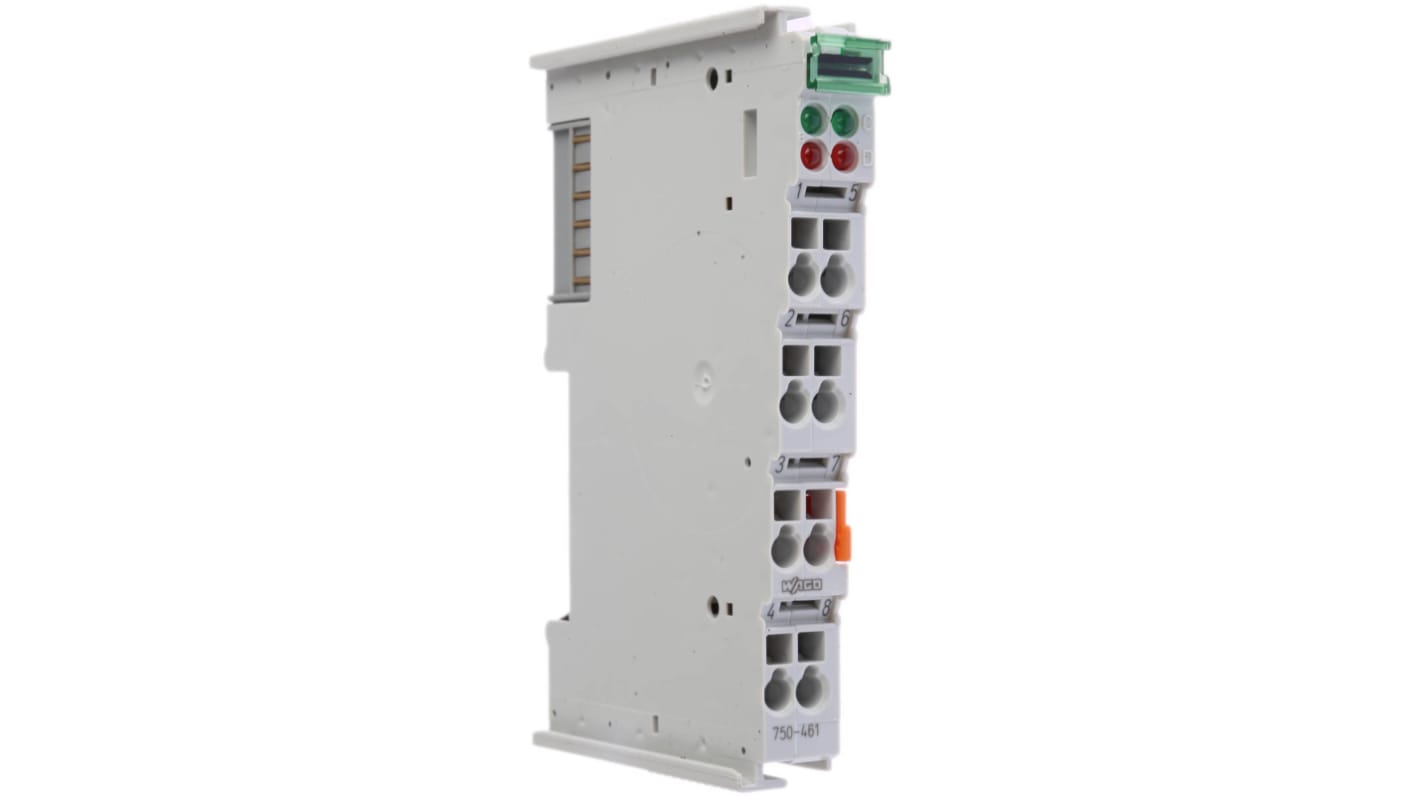 Modulo I/O Wago 750461, serie CJ2, per PLC, due canali analogici, montaggio su guida DIN, dimensioni 100 x 12 x 64 mm.