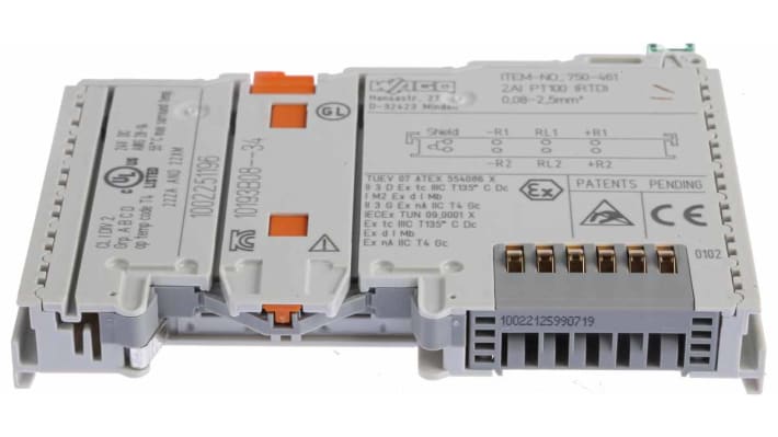 Modulo I/O Wago 750461, serie CJ2, per PLC, due canali analogici, montaggio su guida DIN, dimensioni 100 x 12 x 64 mm.