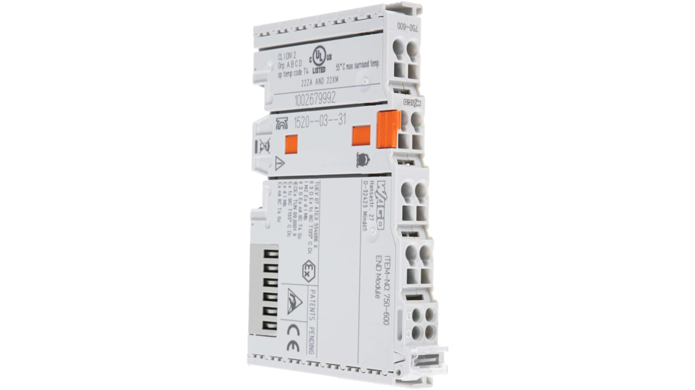 Modulo I/O Wago 750600, compatibile con sistema 750/753, montaggio su guida DIN, dimensioni 100 x 12 x 64 mm, grado di protezione IP20.