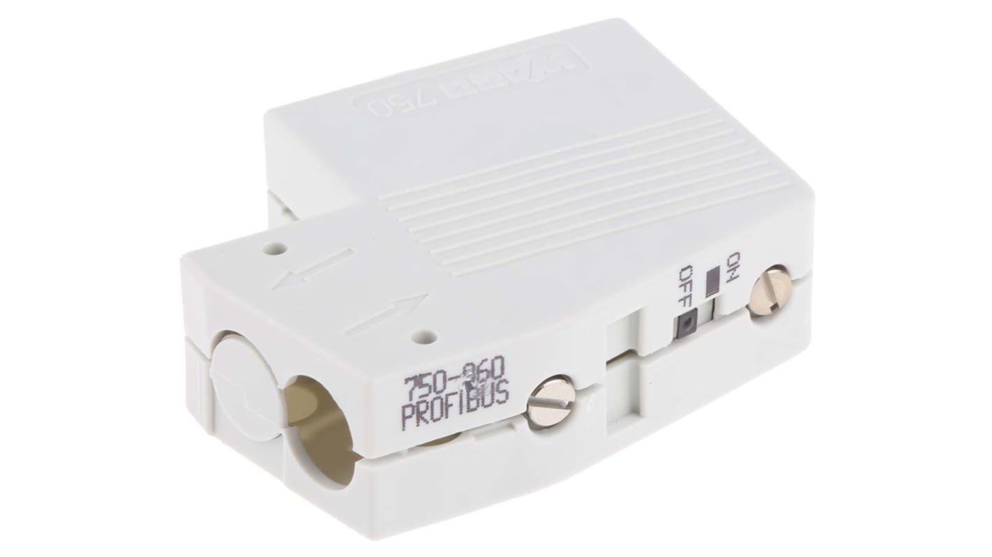 Zoccolo relè Wago 750960 per Profibus, con D-Sub maschio a 9 pin, velocità 12Mbps, grado di protezione IP20.